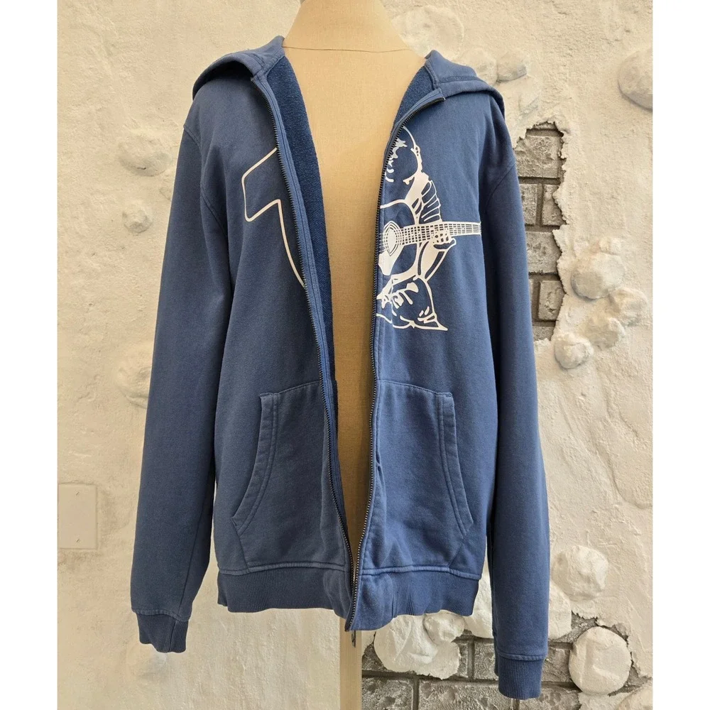 True Religion Y2K Mens Skater Hoodie Blue Buddha Guitar Horseshoe Logo Size L